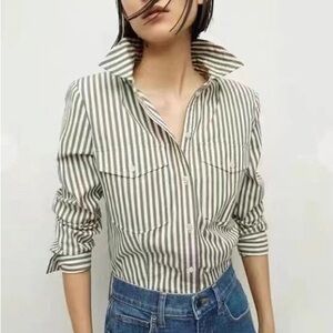 VERONICA BEARD Barnette Striped Button Down Shirt in Bright Army